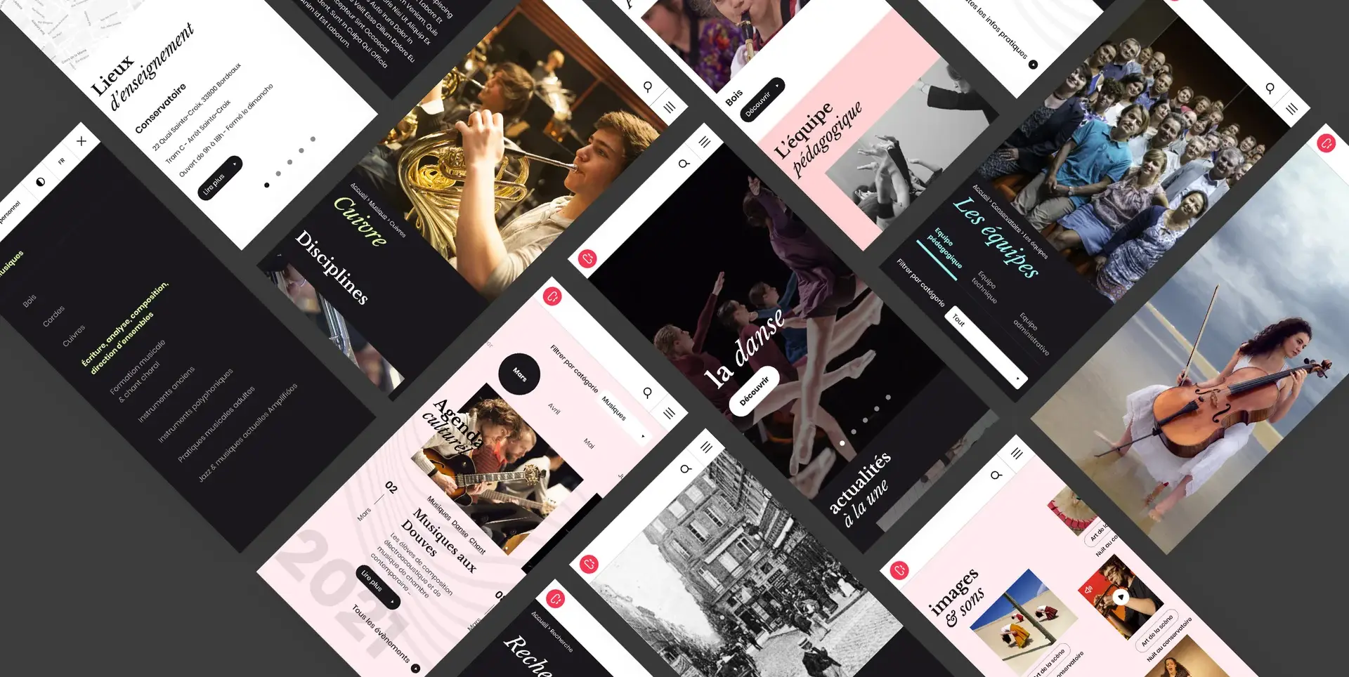 Planches de pages du Conservatoire sur fond sombre, avec des photographies de musique et de danse