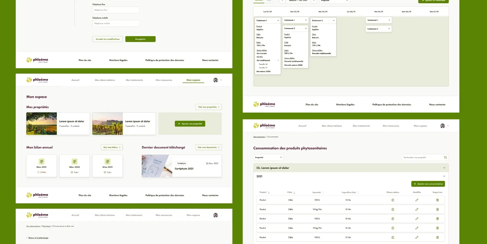 Boards of Phloème property, treatment calendar, crop protection product use and phenology tracking screens