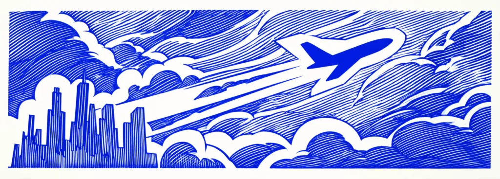 Plane in the sky, with smoke shaped like a city