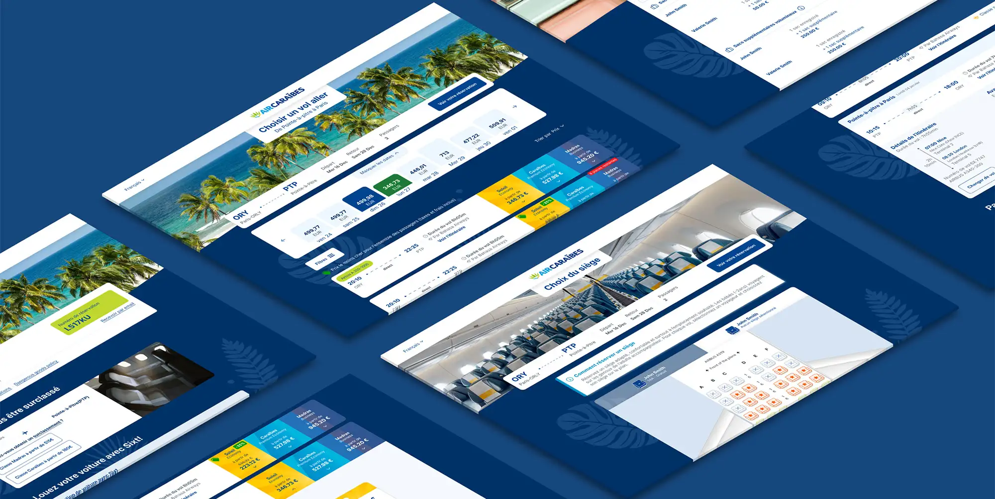 Several mockups of the purchase funnel arranged in perspective on a blue background: outbound flight choice, baggage, seat choice and fare selection.