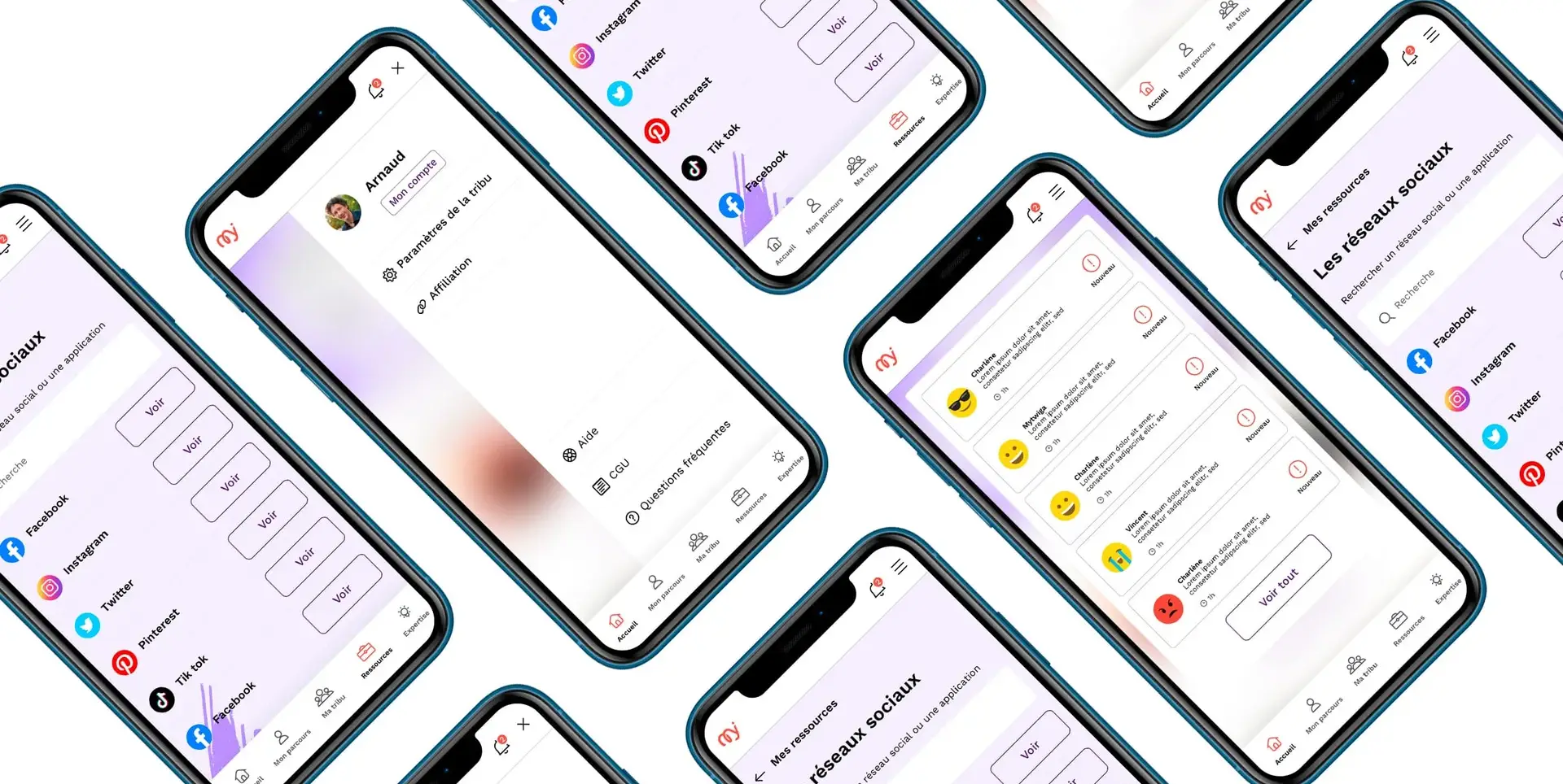 Plusieurs smartphones affichent un profil, des ressources sur les réseaux sociaux et une liste d'activités