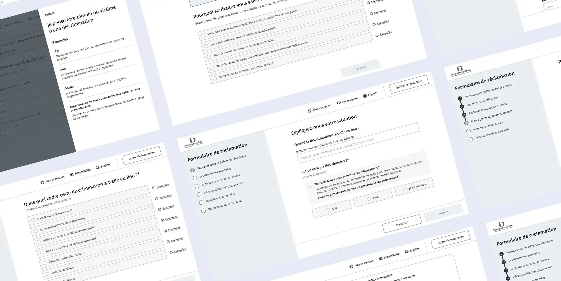 Greyscale mockups of the new claim form during the UX design phase