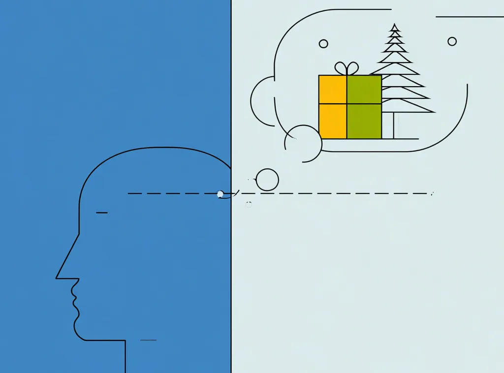 Head profile connected by a dotted line to a bubble containing a gift
