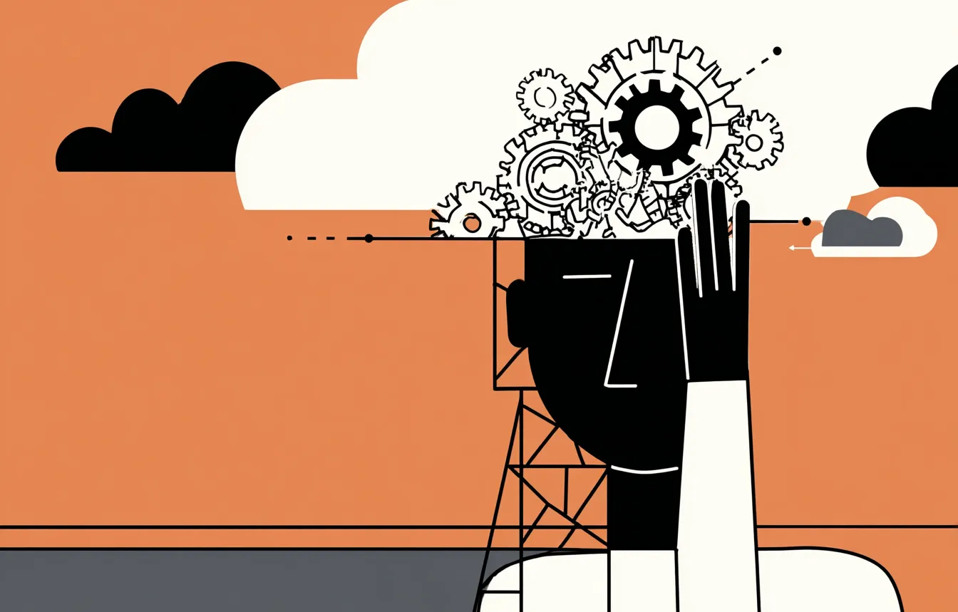 Stylized profile of an open head containing gears beneath clouds