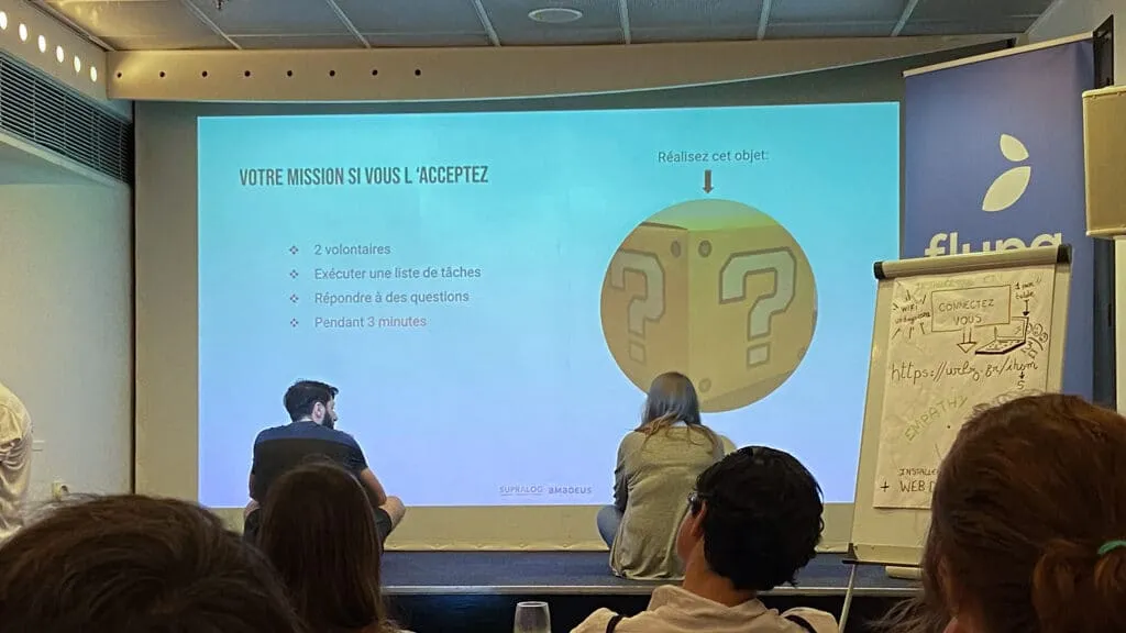 Projection of the steps to perform by 2 participants for the Empathy Lab icebreaker - UX Days