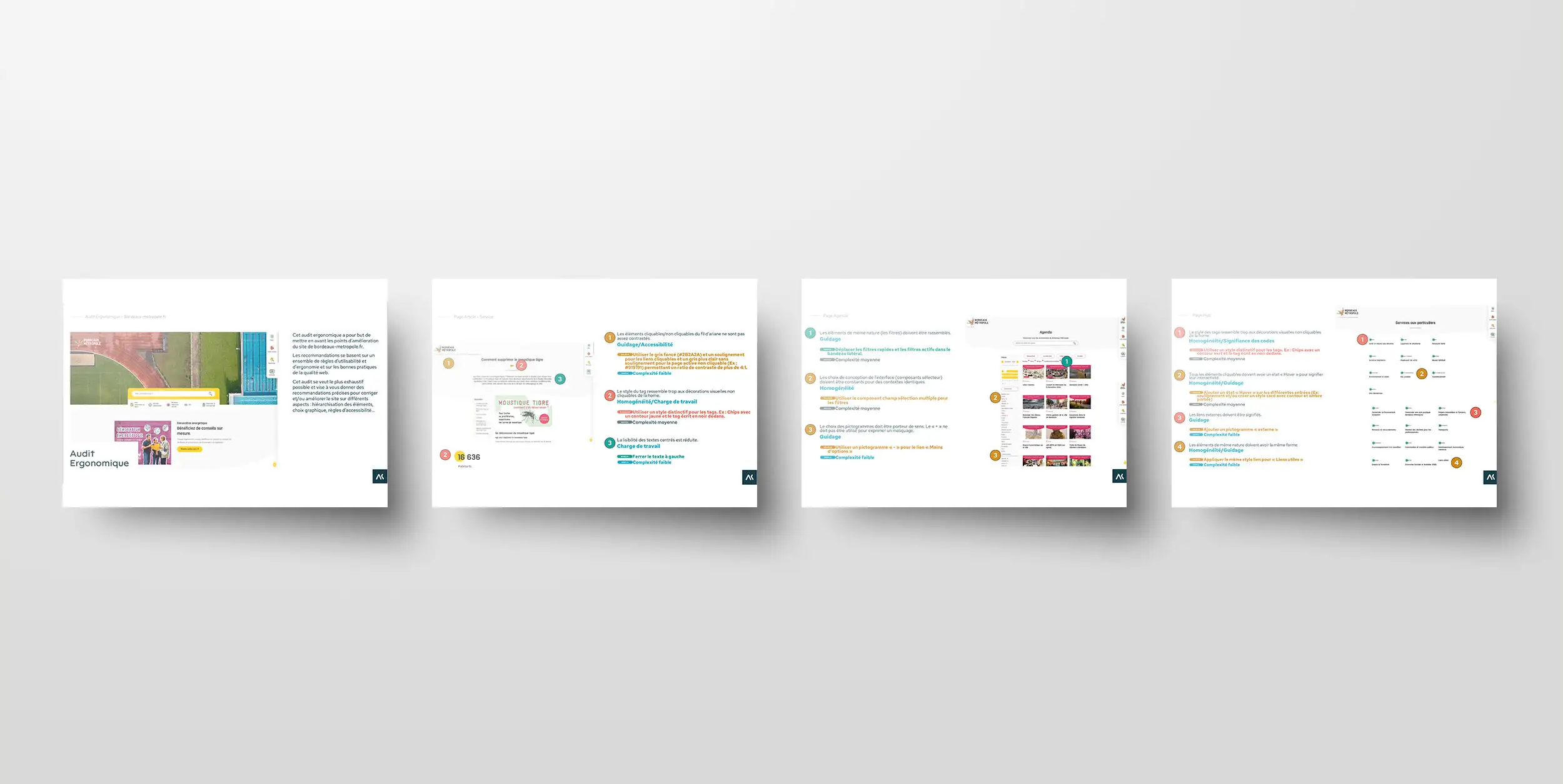 Quatre planches de l’audit ergonomique : pages du site annotées de constats numérotés, du critère concerné et de la complexité