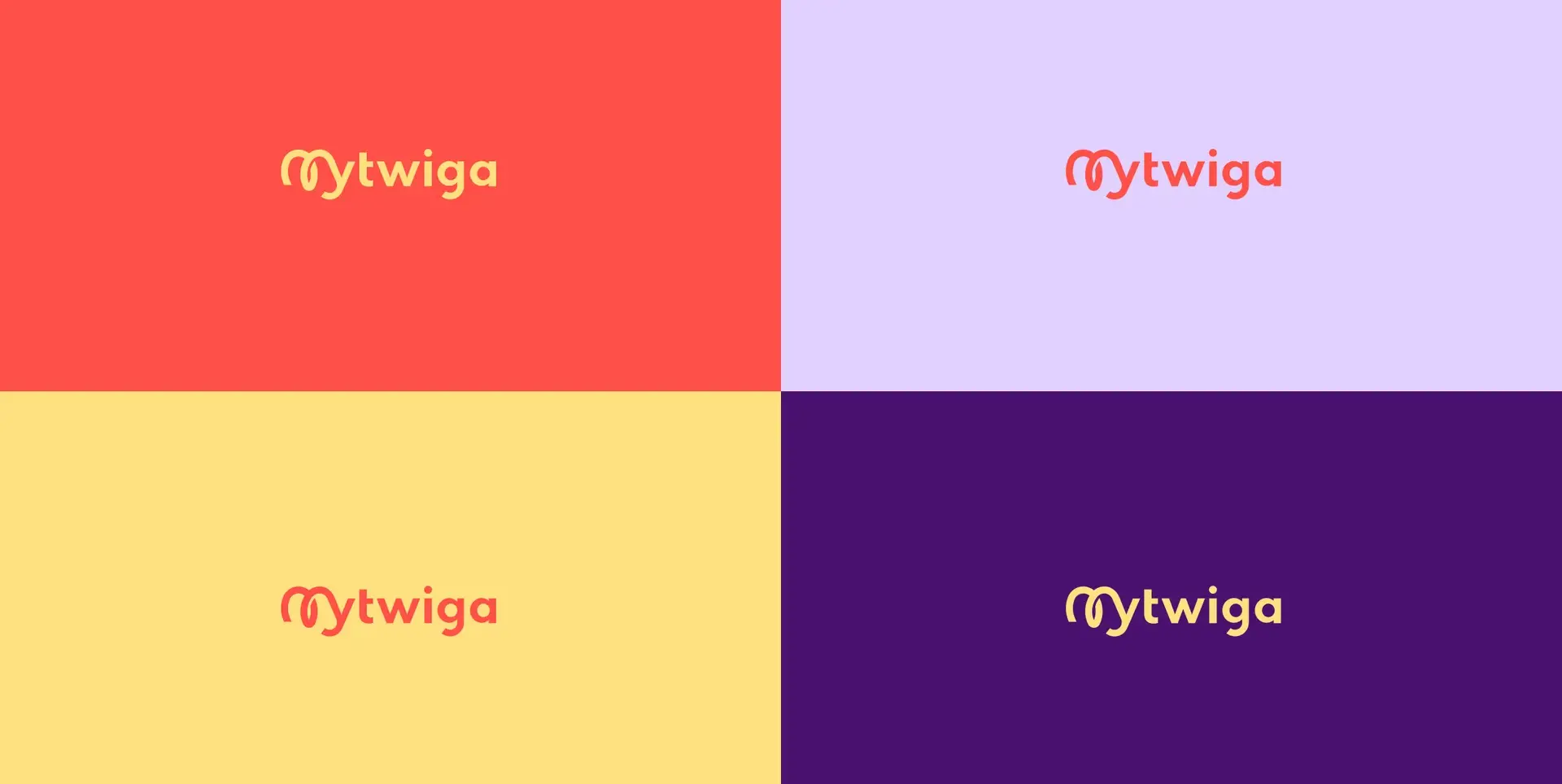 Quatre variantes colorées du logotype MyTwiga sur fonds corail, lilas, jaune et violet