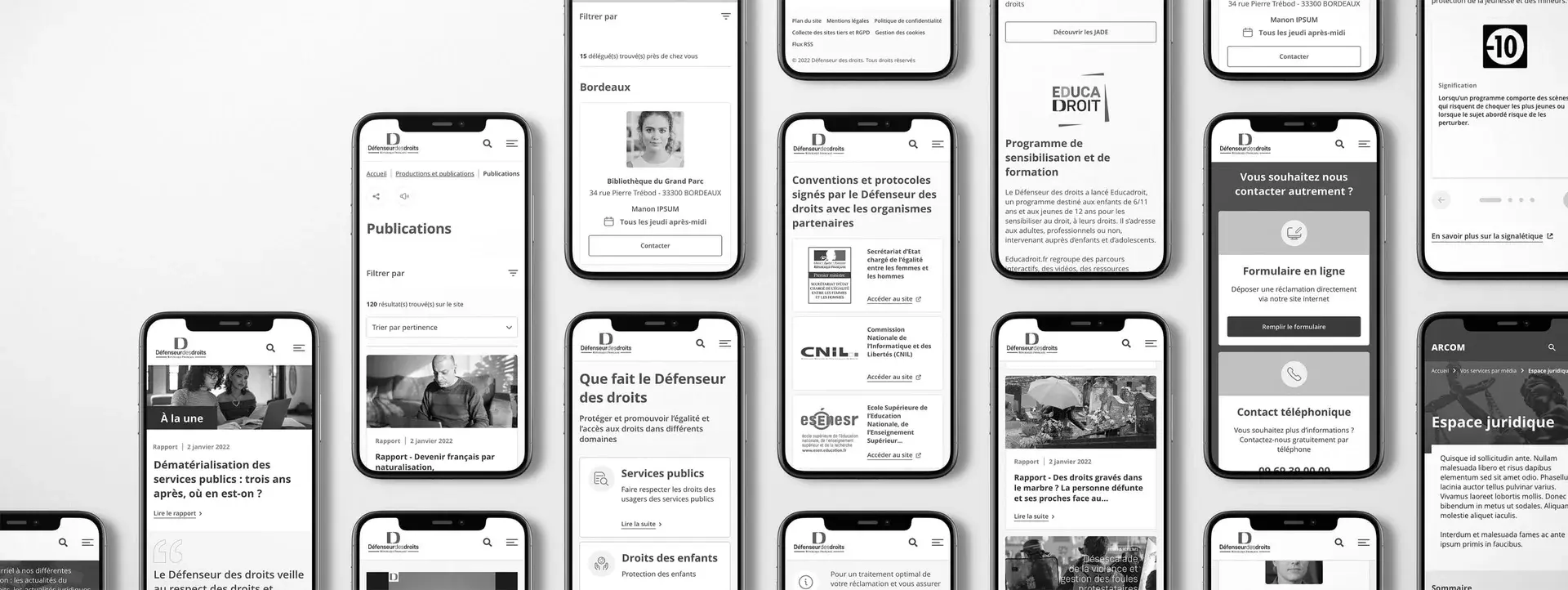 Redesign of the Défenseur des droits portal: Mobile wireframes