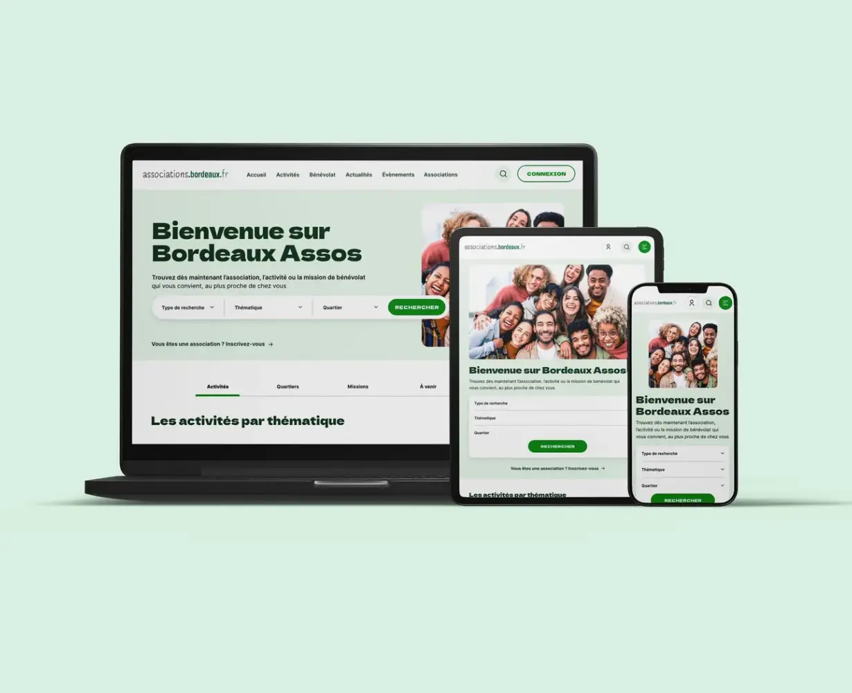 Déclinaison responsive du portail sur mobile, tablette et desktop