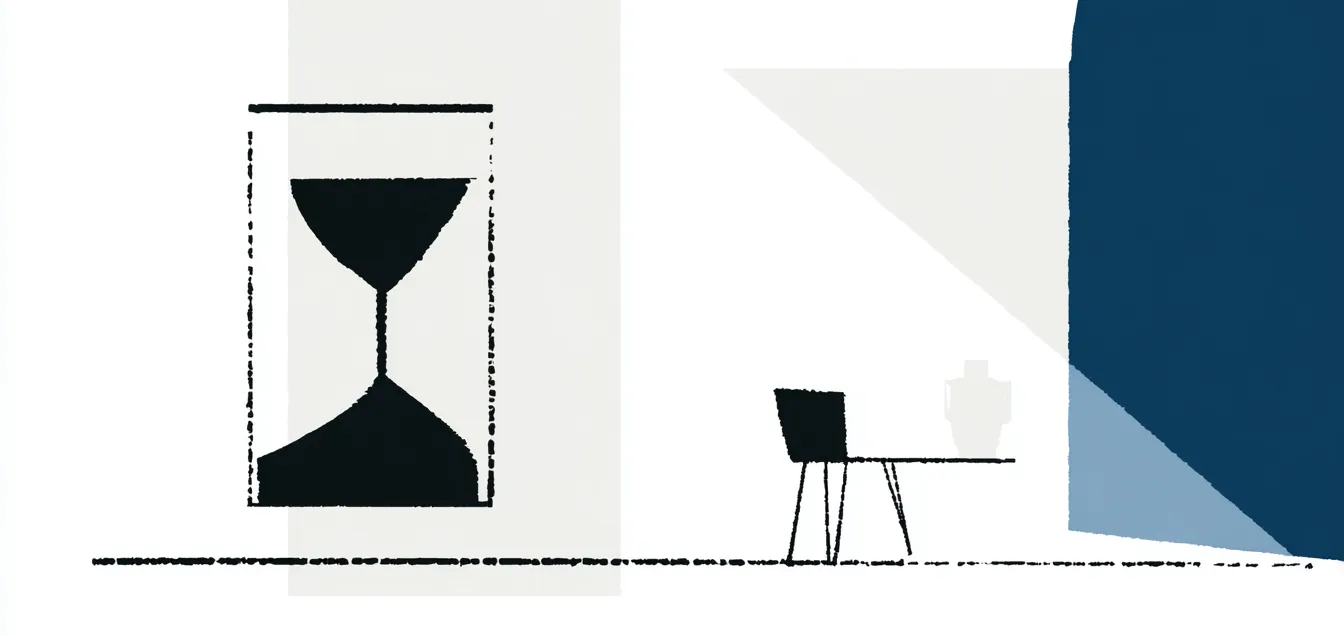 Framed black hourglass beside a chair beneath a beam of light