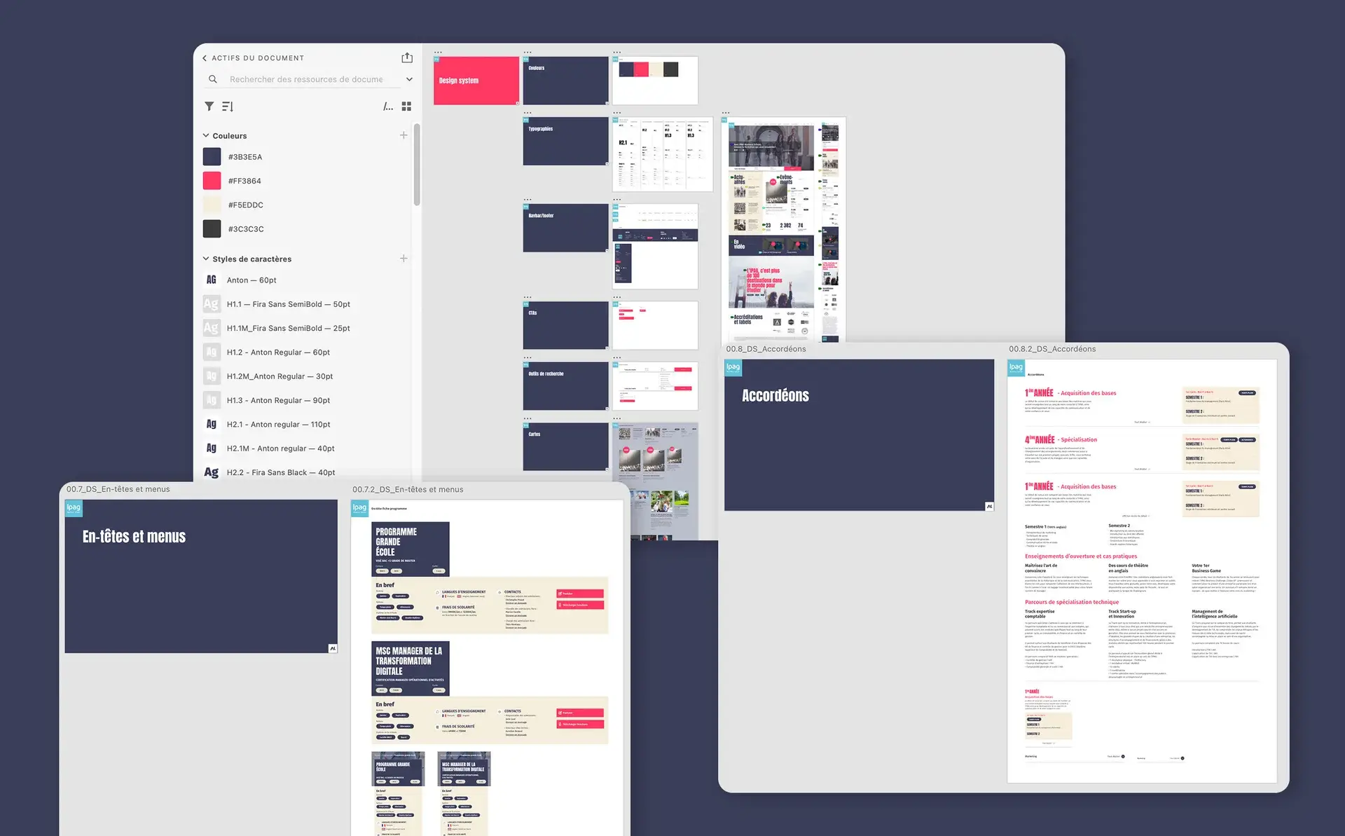 Screens showing the library of graphic elements of the IPAG website