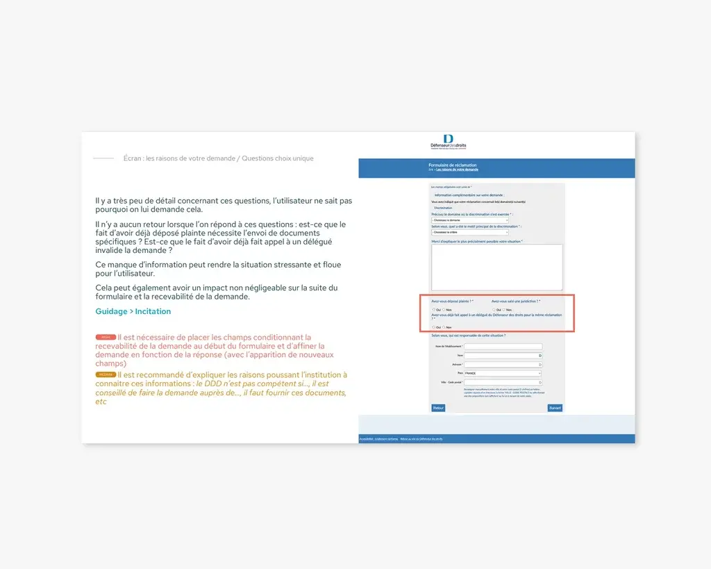 Screenshot of the audit of the current form with the recommendations