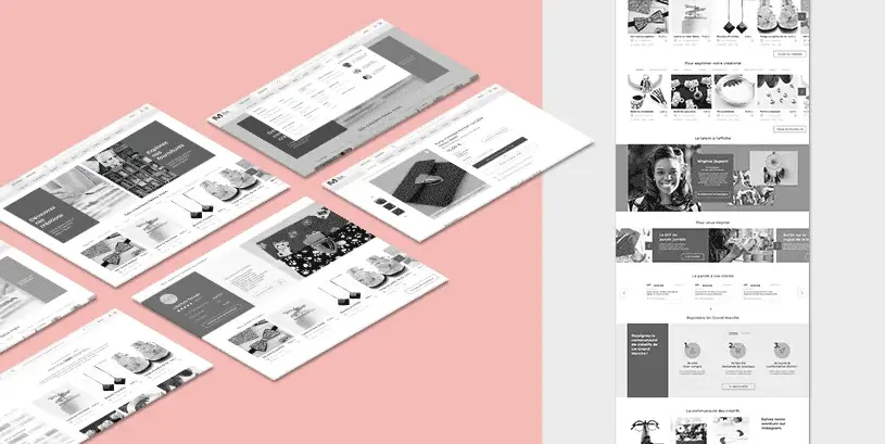 Sélection de wireframes du site mobile, avec focus sur la page produit