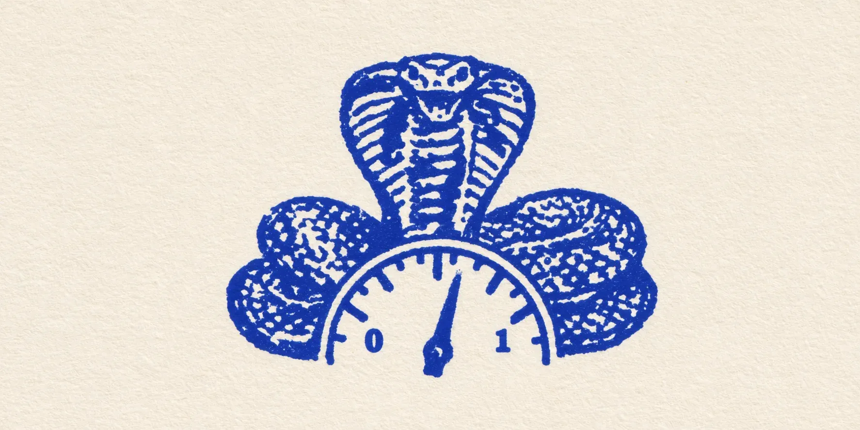 Sérigraphie bleue sur papier crème : un cobra dressé derrière une jauge en demi-cercle graduée de 0 à 1, l'aiguille au centre.