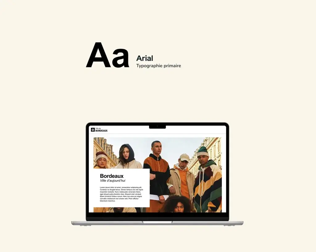 Showcase of the work on the typeface and the choice of Arial, with a desktop-format example