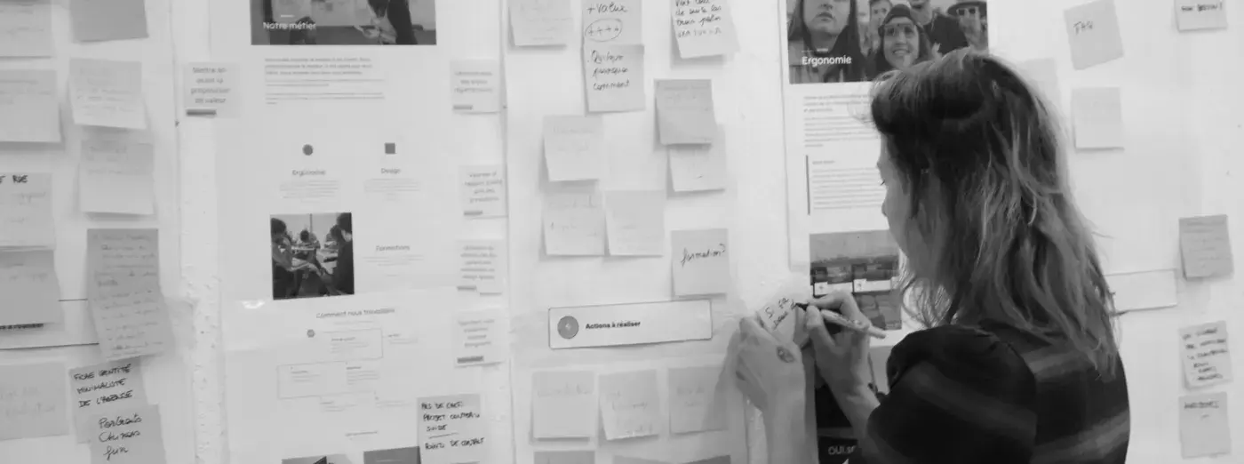 Showcase website design workshop with paper mockups and notes on a wall