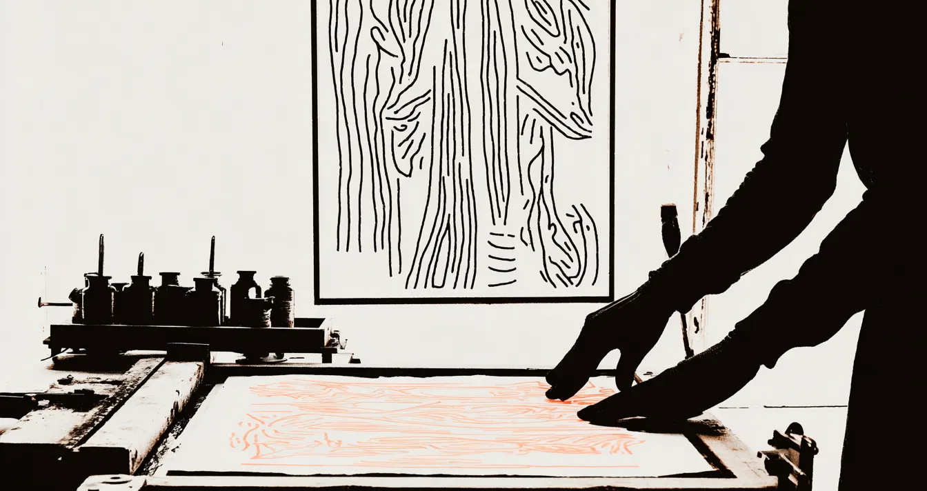 Silhouette manipulant une grande feuille sur une table, devant un motif d'empreinte digitale