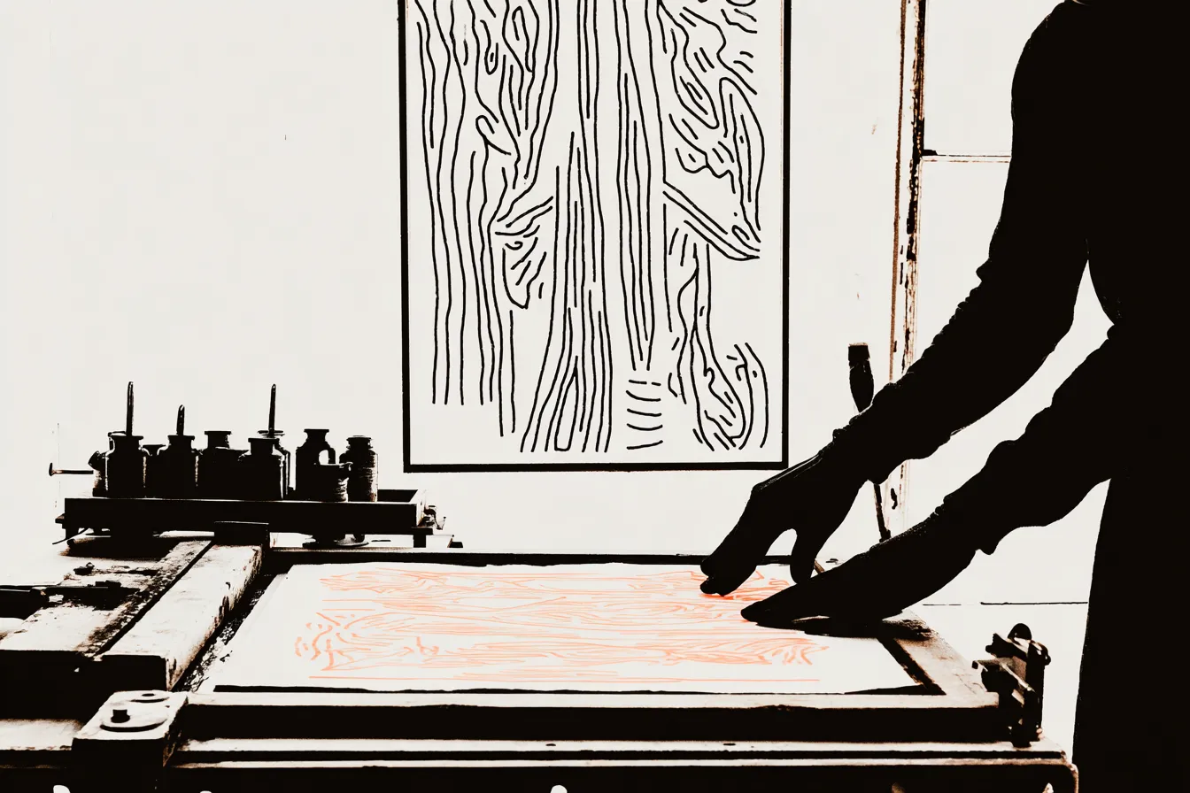 Silhouette manipulant une grande feuille sur une table, devant un motif d'empreinte digitale