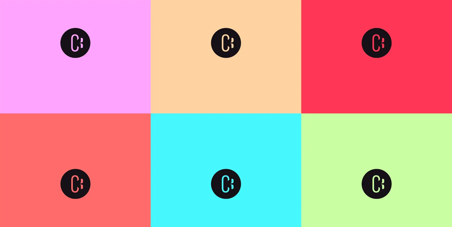 Six déclinaisons du monogramme du Conservatoire sur des fonds rose, beige, rouge, corail, bleu et vert