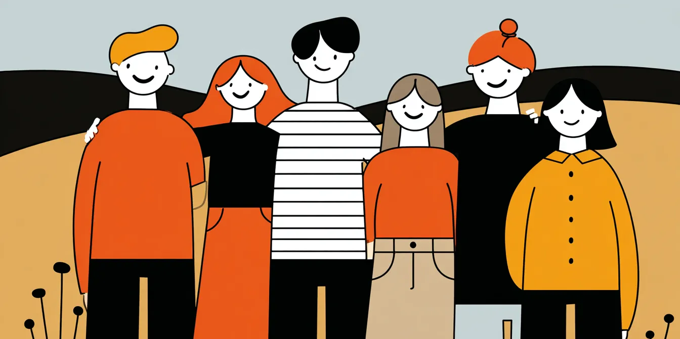Six personnages dessinés se tiennent côte à côte dans un paysage abstrait