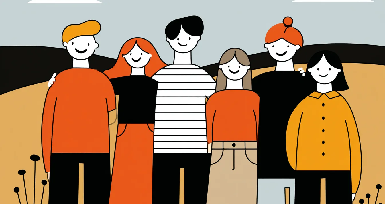 Six personnages dessinés se tiennent côte à côte dans un paysage abstrait
