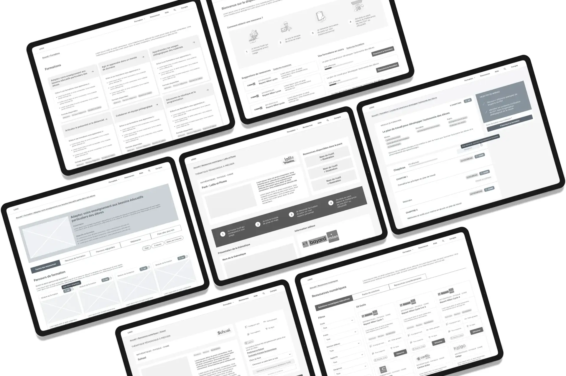 Tablets displaying the new TNE platform mockups, designed for teachers, laid out next to each other.