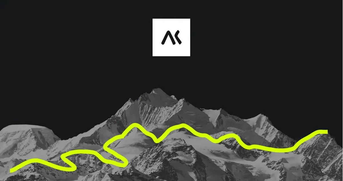 The Akiani logo, a white square, hovering above a snow-capped mountain in black and white on a black background, crossed by a lemon-yellow trail