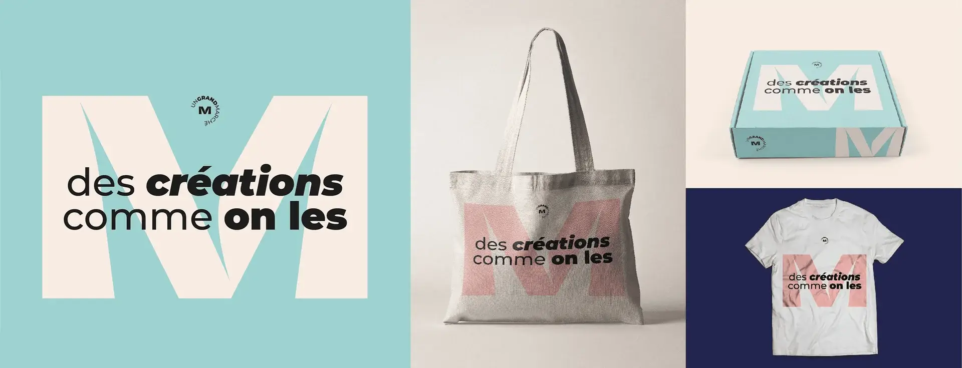 The new Un Grand Marché identity applied across several supports