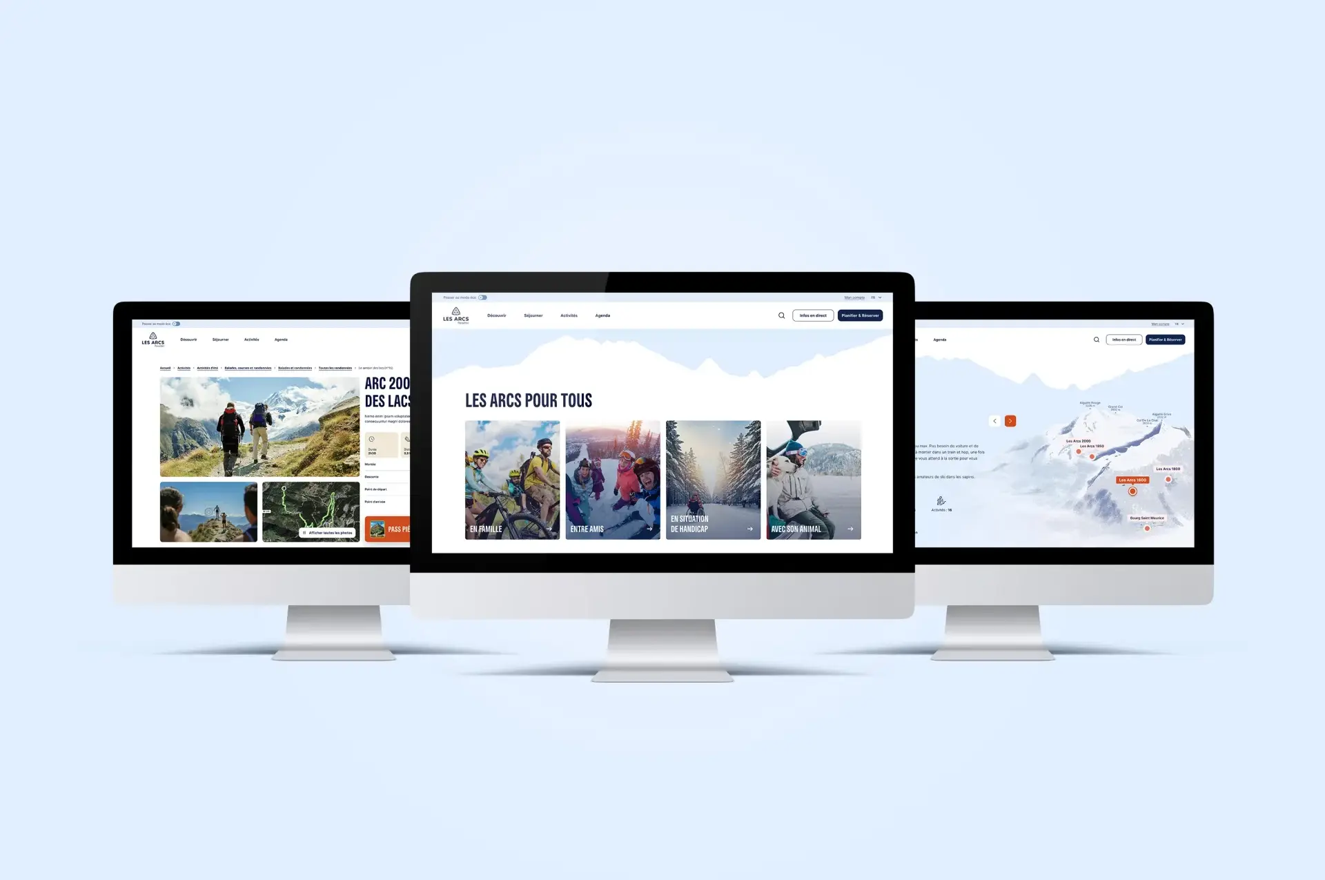 Three digital mockups on desktop computer screens displaying different pages of the Les Arcs resort website, presented against a light blue-grey background. The central screen, foregrounded, shows a homepage titled "Les Arcs for everyone" with a row of themed cards illustrating activities. The side screens show a page with text and photo content on the left, and an interactive page with a map of the ski area on the right
