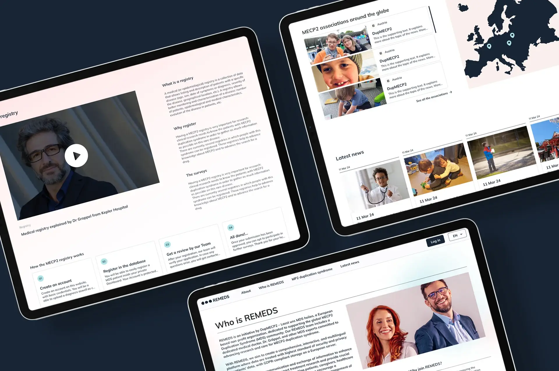 Three iPads displaying the pages of a medical platform