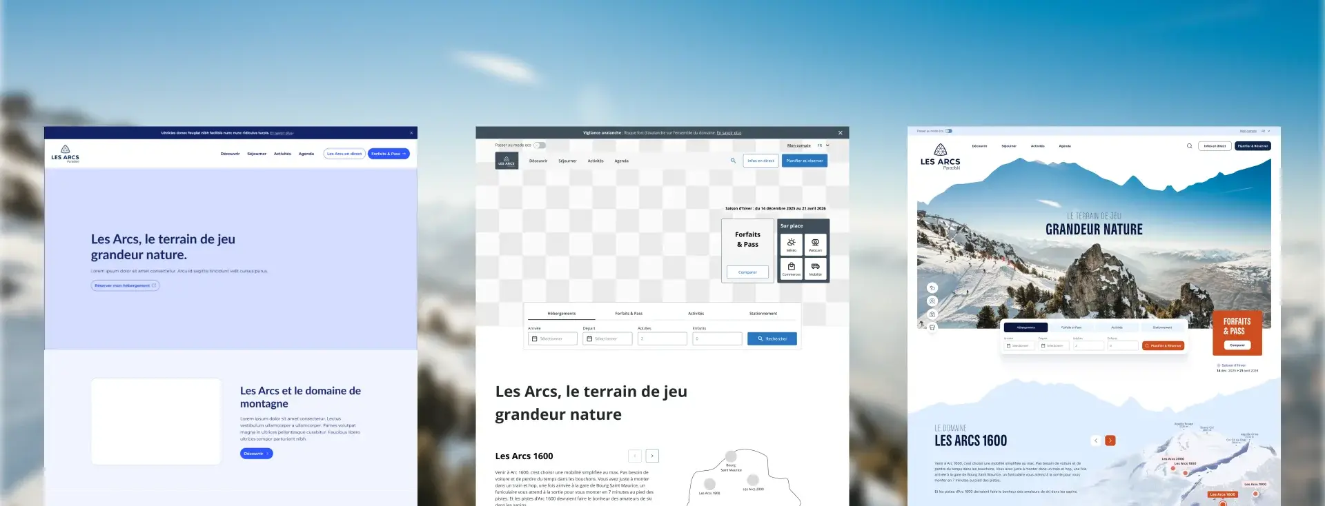 Three stages of designing a Les Arcs website page are presented side by side, against a blurred mountain-landscape background: on the left the 'Zoning' (a very low-fidelity, pale blue mockup), in the centre the 'Wireframe' (a low-fidelity black-and-white mockup with grey and transparent content blocks), and on the right the 'UI mockup' (the final high-fidelity graphic mockup, integrating photographs, the design and the final colours).