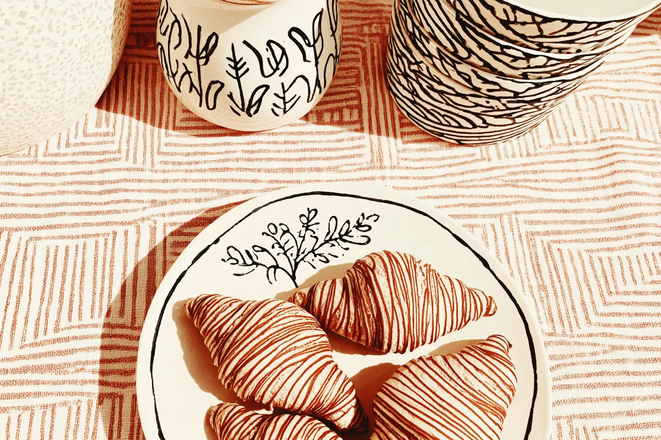 Trois croissants décorés de lignes rouges sur une assiette assortie à la vaisselle