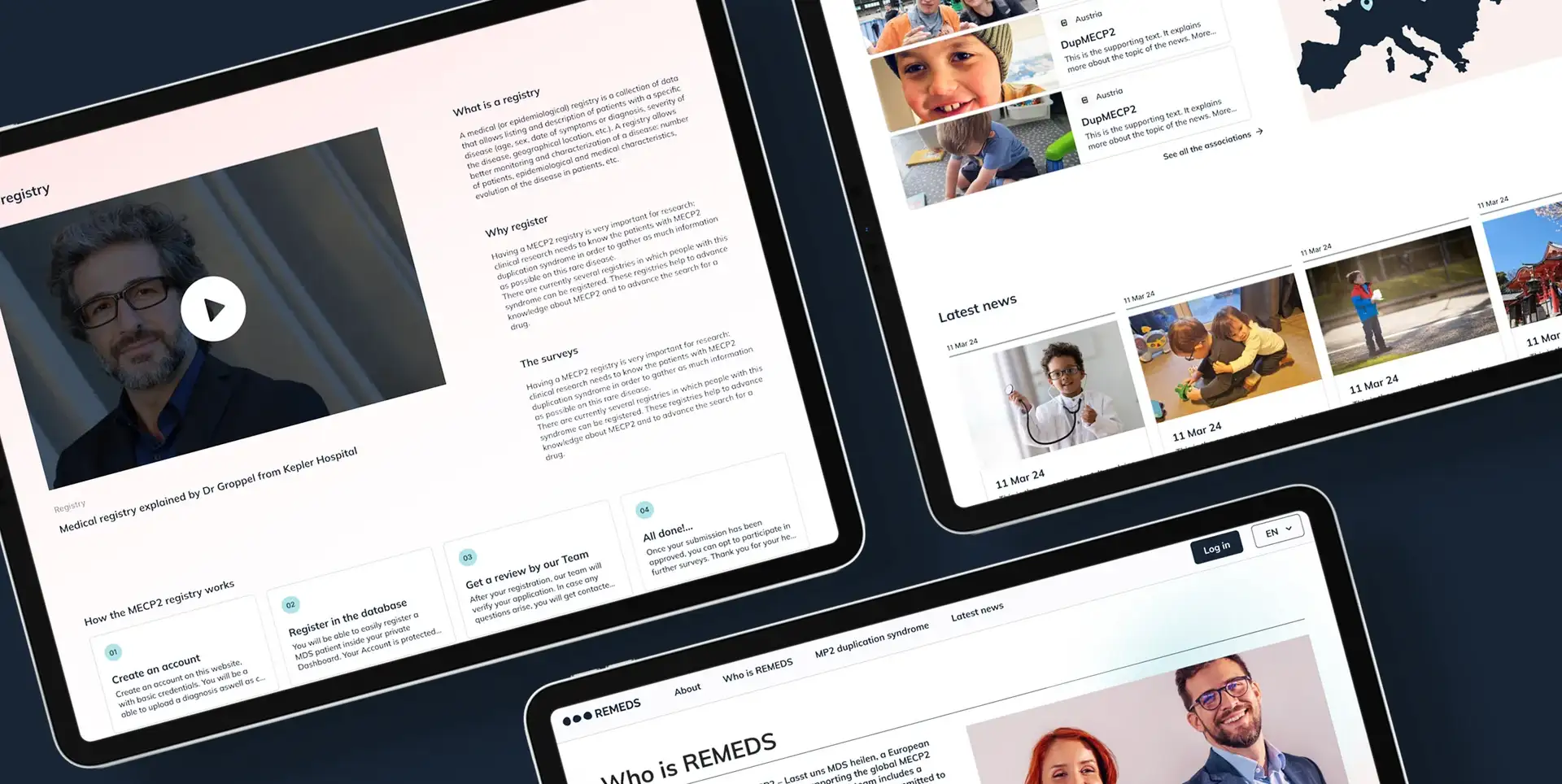 Three iPads displaying the pages of a medical platform