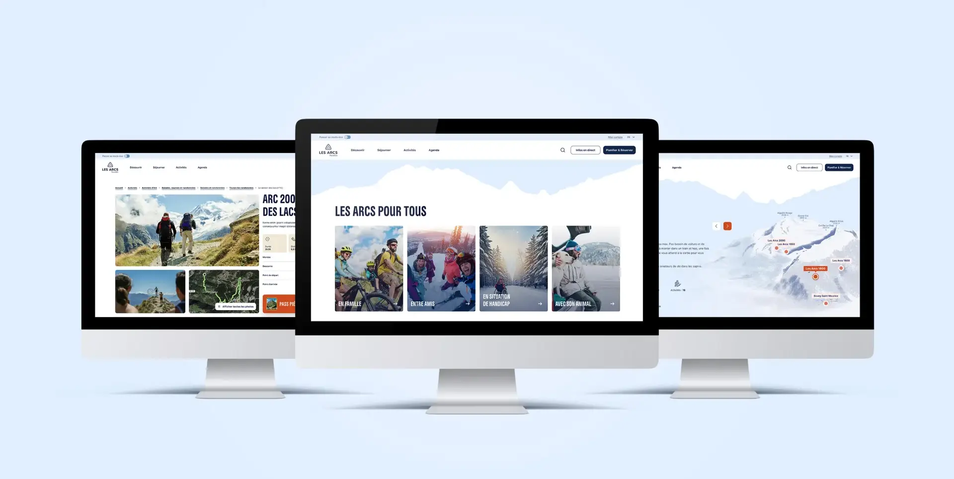 Three digital mockups on desktop computer screens displaying different pages of the Les Arcs resort website, presented against a light blue-grey background. The central screen, foregrounded, shows a homepage titled "Les Arcs for everyone" with a row of themed cards illustrating activities. The side screens show a page with text and photo content on the left, and an interactive page with a map of the ski area on the right
