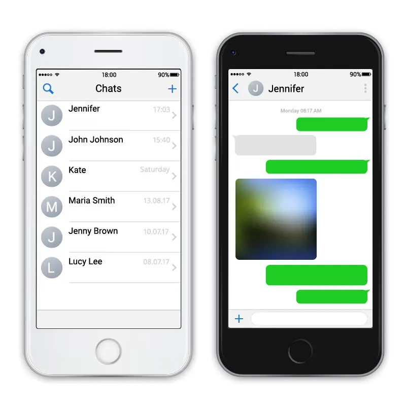 Two iPhones with a view of the contacts section and the messages section in a Flat Design style