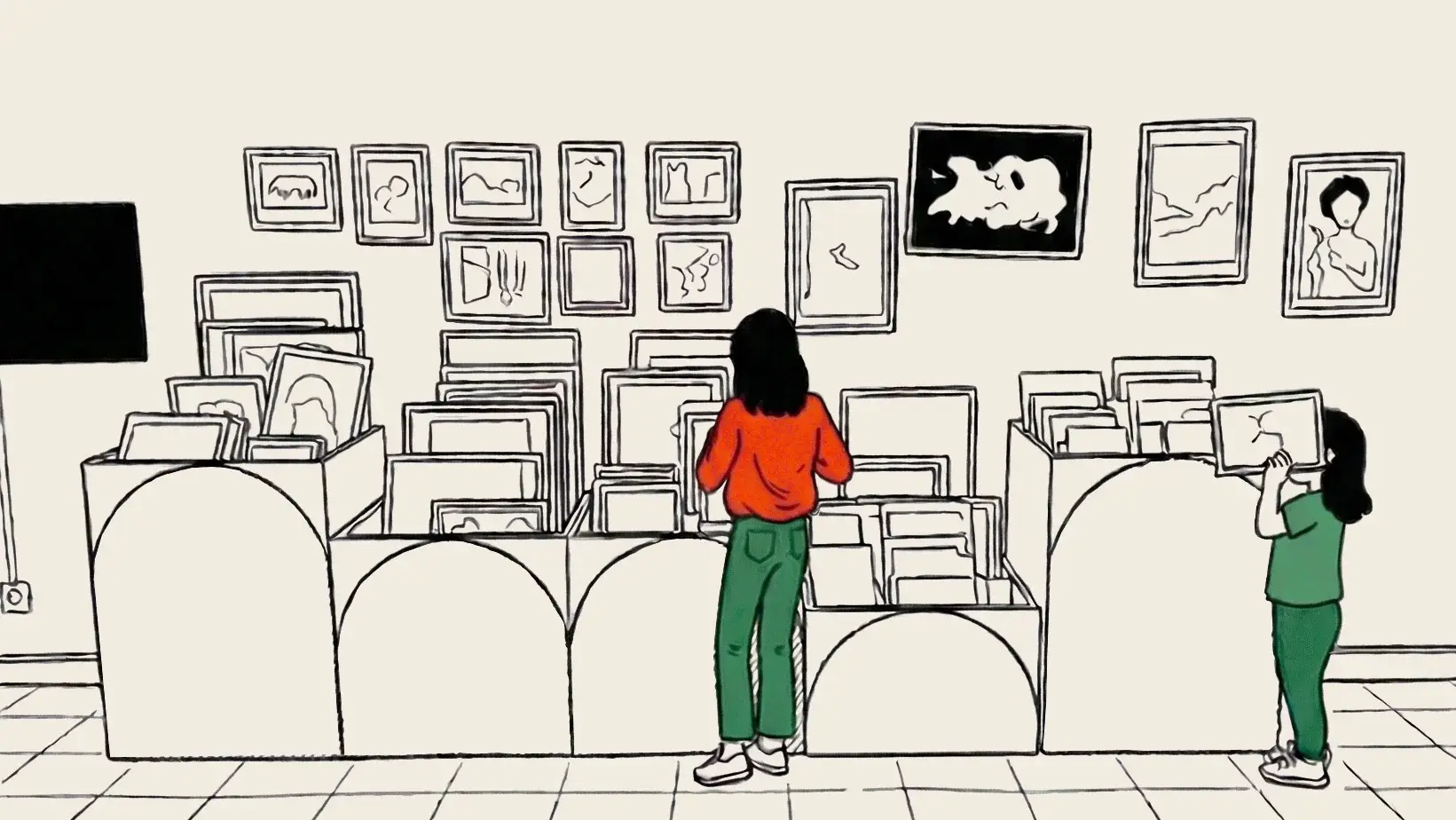Two little girls in front of an art library
