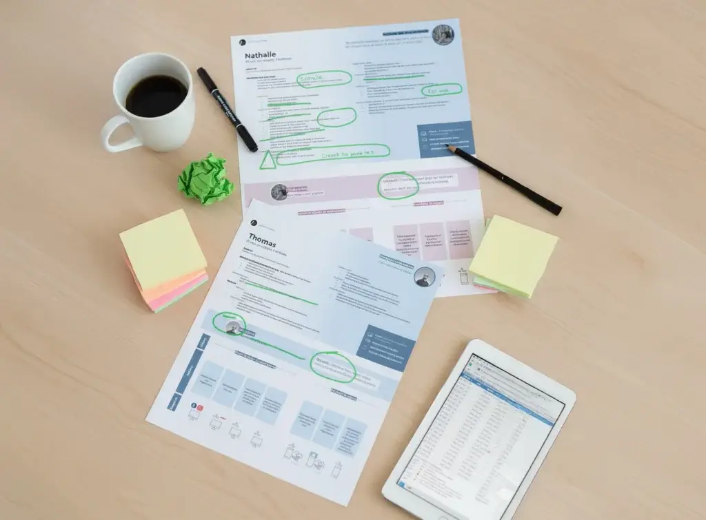 Two persona sheets, one for Nathalie and one for Thomas, are laid on a light wooden table. They carry green-felt-tip annotations, circling in particular goals or tasks. Next to them sit a black coffee cup, a marker, a pencil, a crumpled green paper ball, two piles of coloured sticky notes, and a tablet displaying a data table