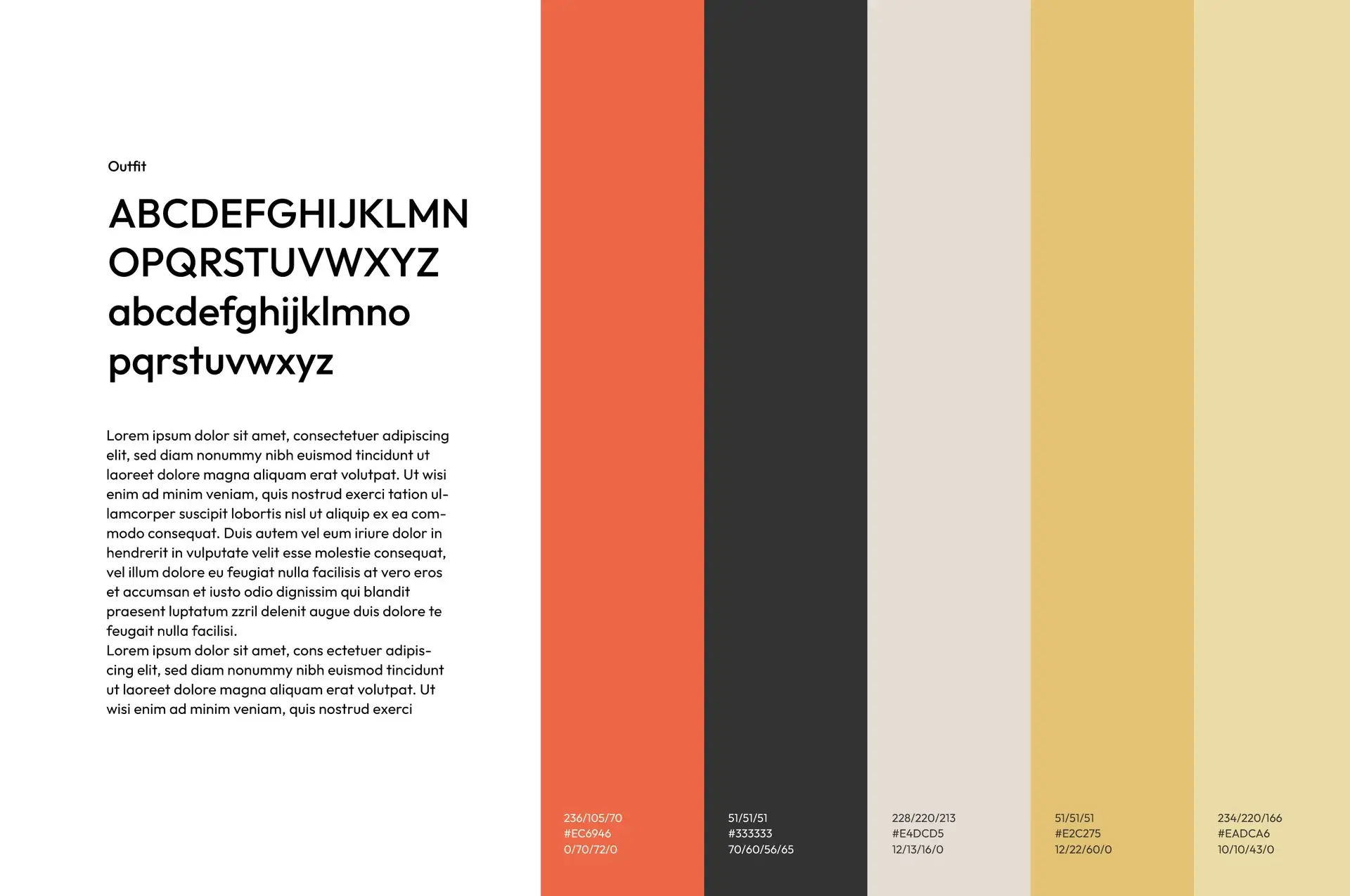 Typography and colour references used in the visual identity