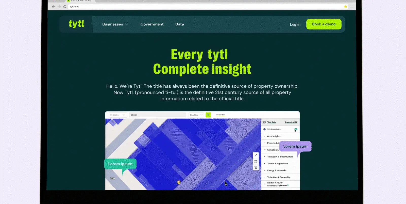Tytl home page on a laptop, featuring an interactive property map