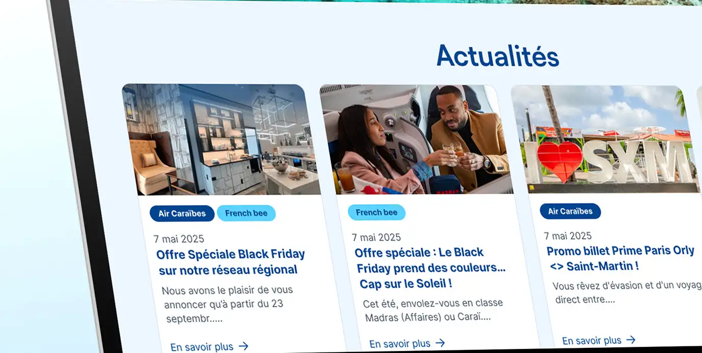 A computer screen shows the portal's home page, the Air Caraïbes and French bee logos side by side, above a flight search module and a News section.