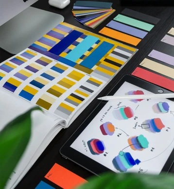 An open colour guide and strips of coloured paper next to a tablet with colour palettes sketched in stylus.