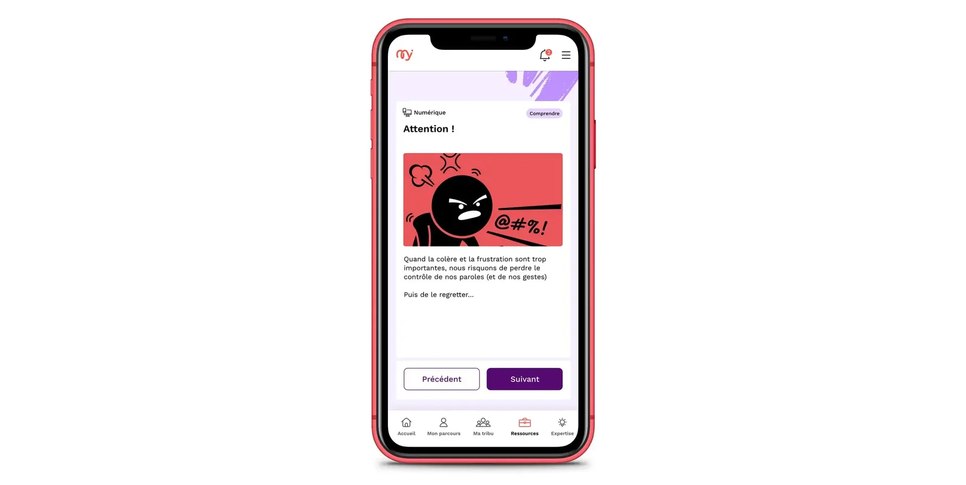 Un smartphone affiche une ressource pédagogique sur la colère et la frustration