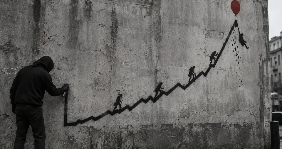 Un street artist peint à la bombe une courbe ascendante gravie par de petites silhouettes, la dernière s'envole avec un ballon rouge