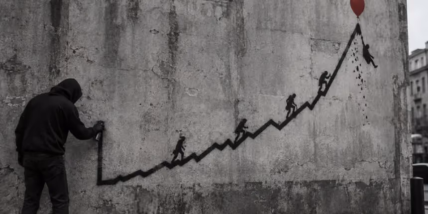 A street artist spray-paints a rising curve climbed by small figures, the last one floating away with a red balloon