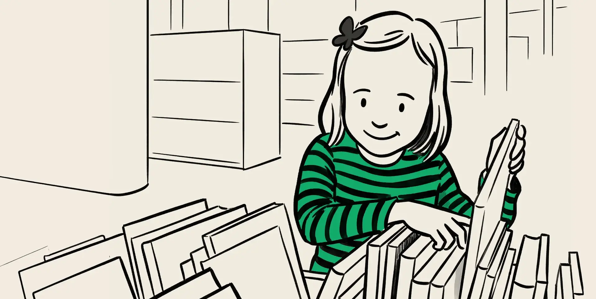 A young female reader picking out a book in a library