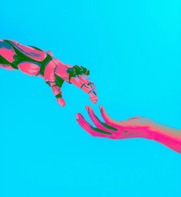 Une main robotique et une main humaine tendues l'une vers l'autre, sur le point de se toucher, sur fond bleu.