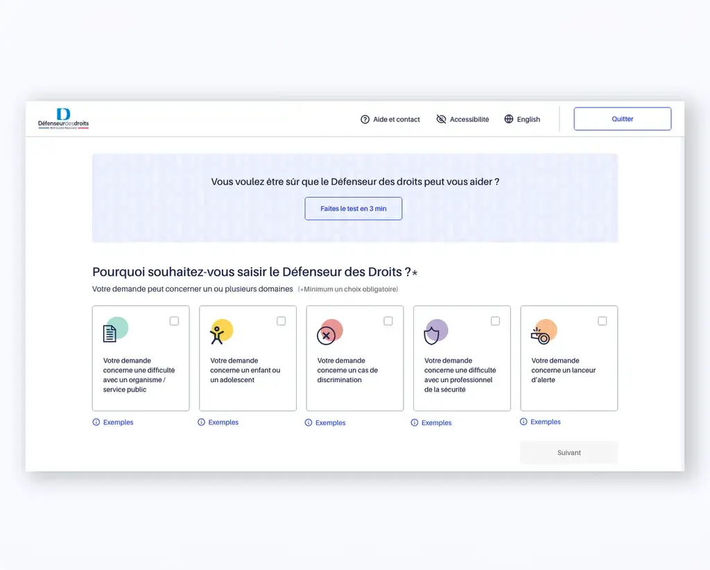 User interface of an online form showing selection options to address the Défenseur des Droits, with themed icons and buttons for examples, in a website environment with navigation and language options.