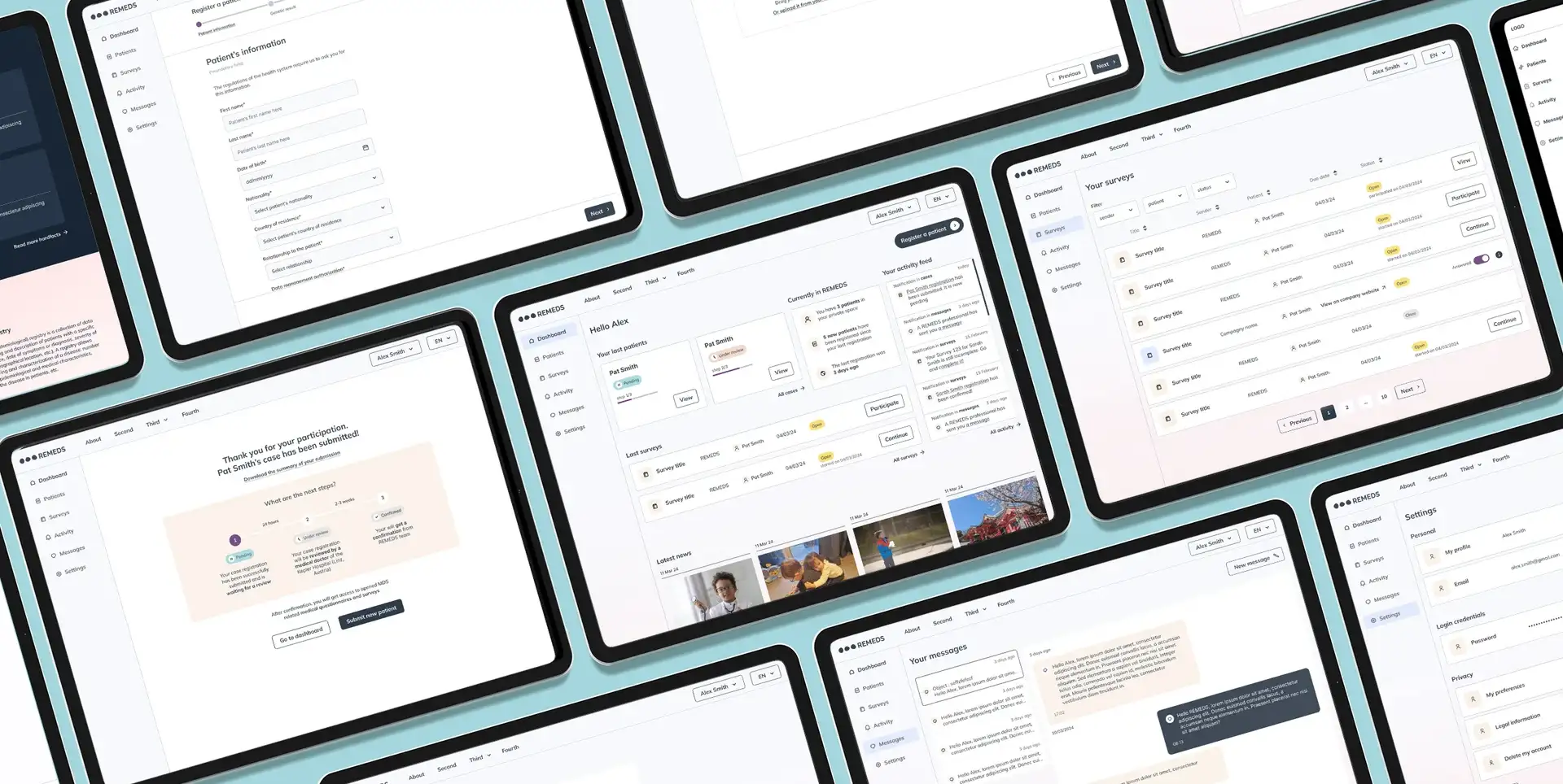 Axonometric view of a series of iPads displaying the graphic mockups of a medical platform