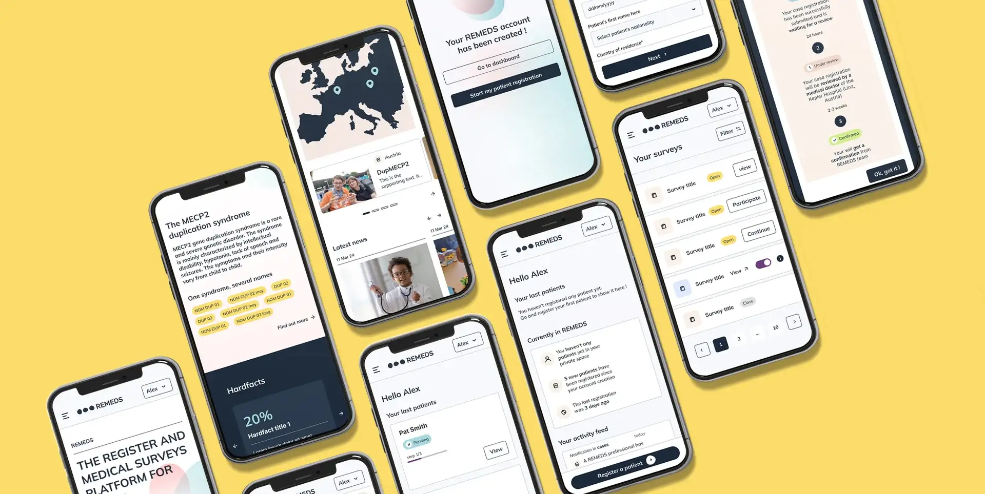 Axonometric view of a series of iPhones displaying the graphic mockups of a medical platform