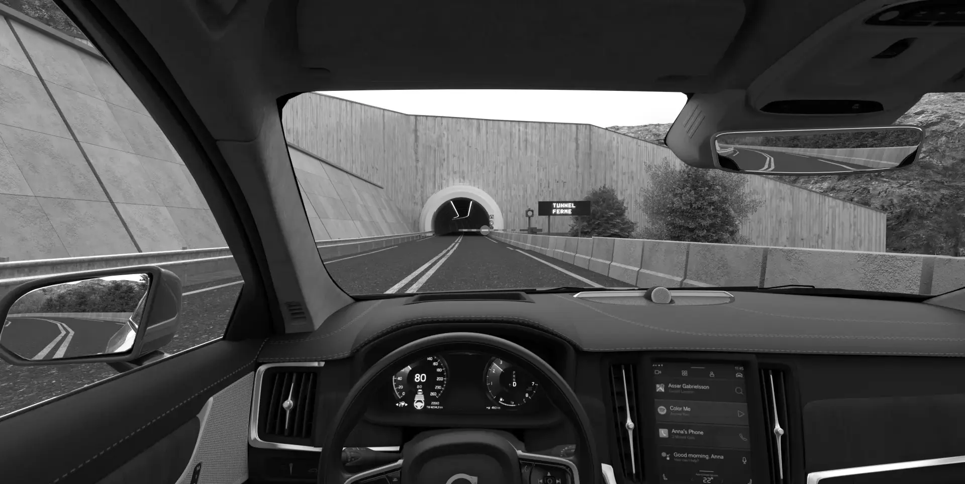 Simulated view of a road tunnel from a car's driving position